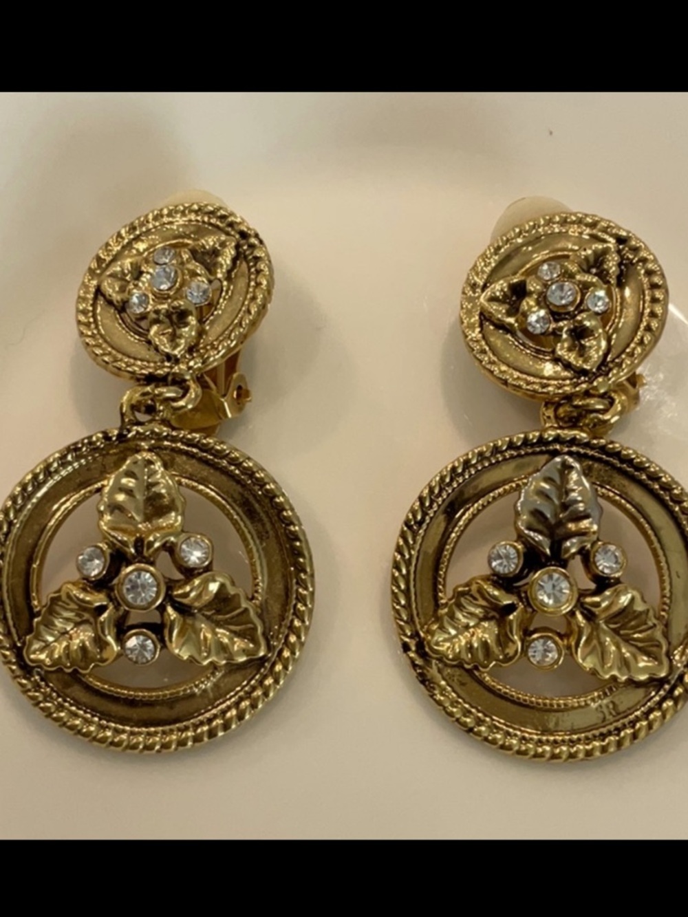 Vintage Sonia Rykiel Gold-Tone Leaf Drop Earrings with Crystal Accents